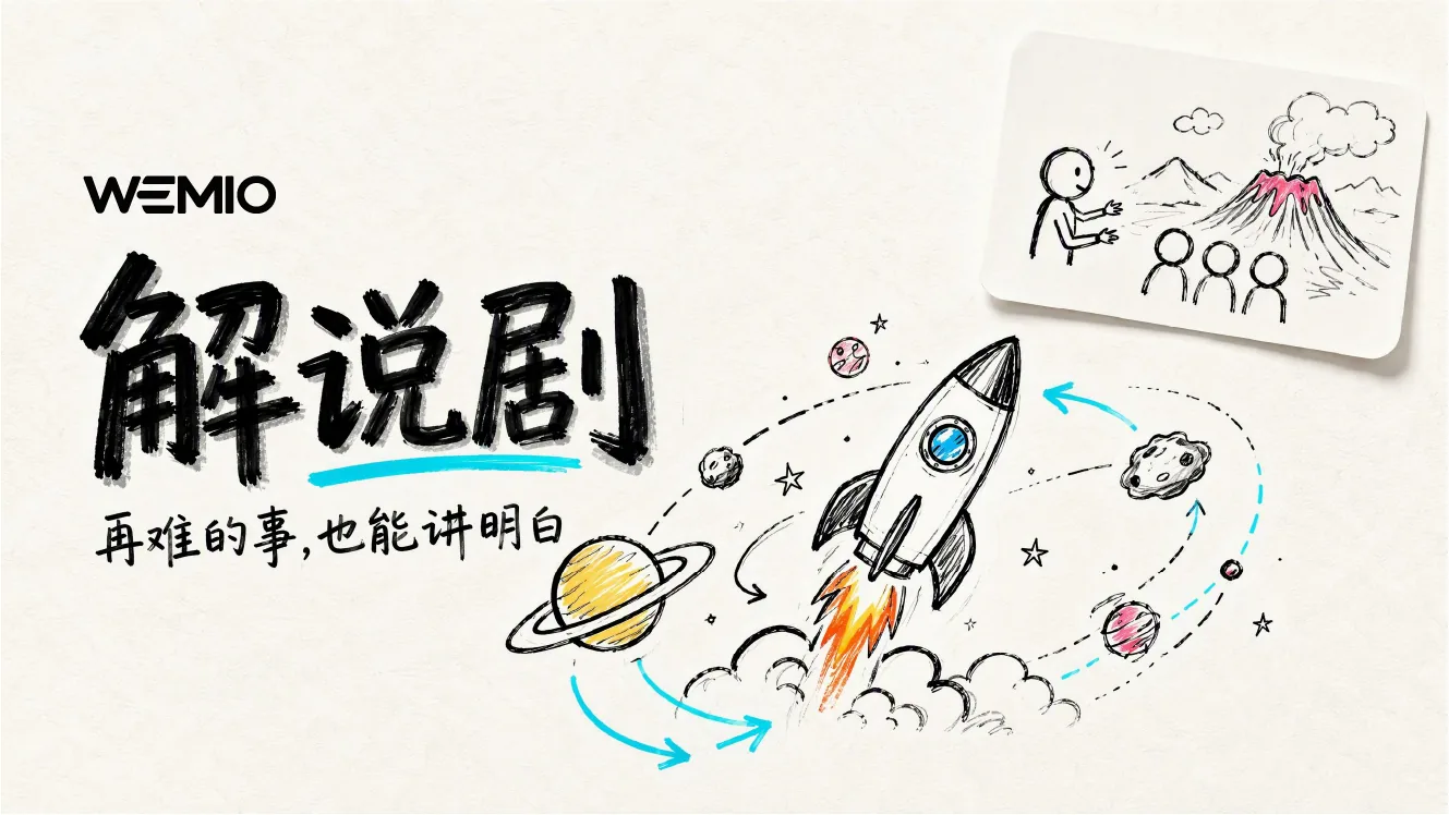 Wemio 解说剧手绘白板动画海报：火箭穿行星系的手绘草图与讲解人对着观众讲解火山的便签图，再难的事也能讲明白
