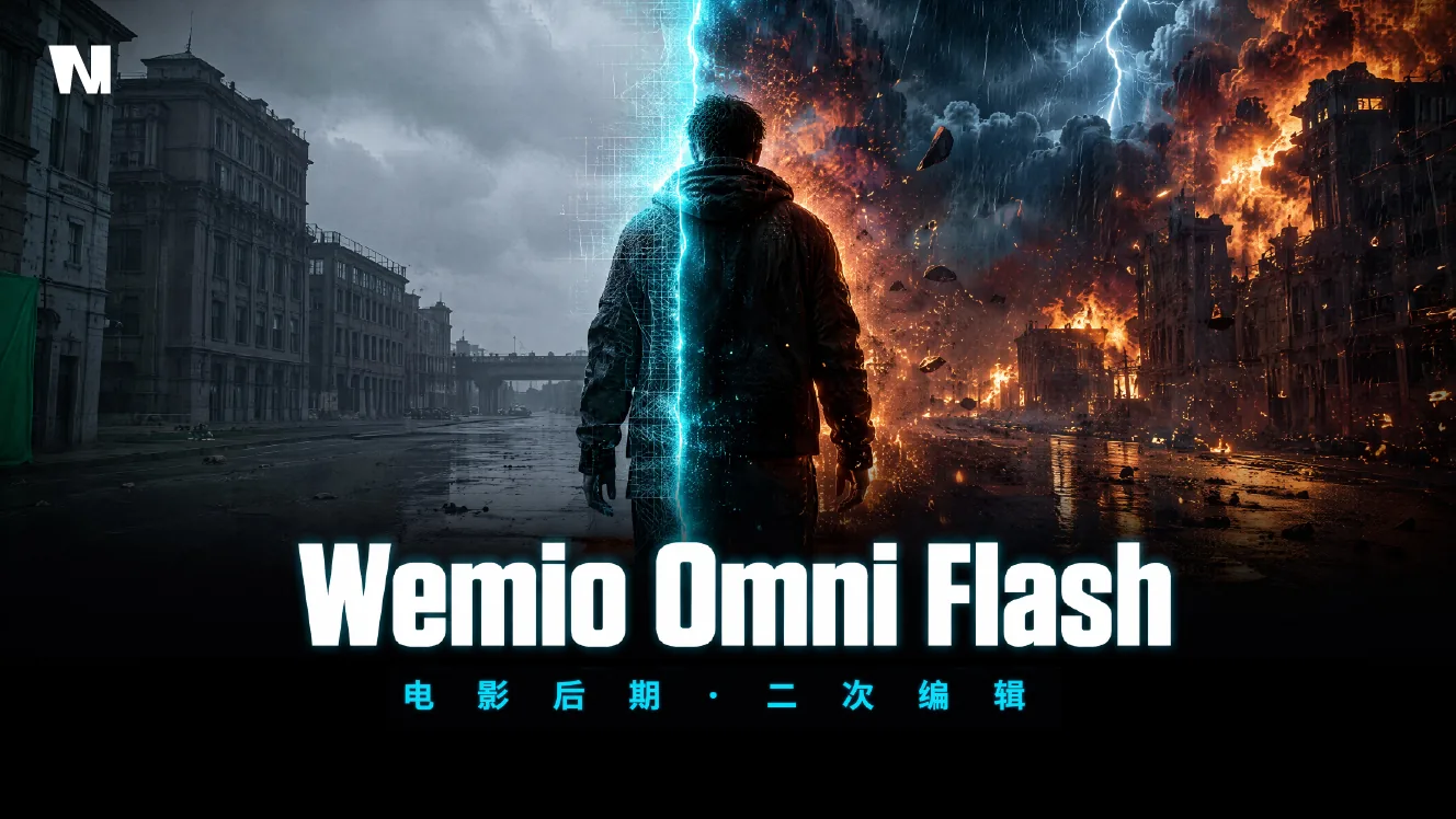 Wemio Omni Flash 电影后期二次编辑海报：同一条街道镜头一半是绿幕原片、一半是暴雨闪电与爆炸火光的电影级特效成片